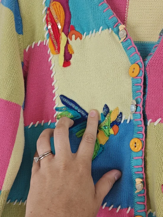 VTG Christina Rotelli Patchwork Bird Cardigan Embroidered Cottagecore M/L - Picture 10 of 13